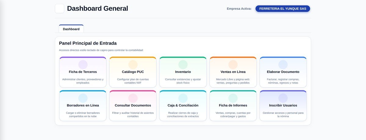 Pantalla de inicio de Contafir: accesos directos a terceros, catálogo PUC, inventario, ventas en línea, elaborar documento, borradores, consulta de documentos, caja y conciliación, informes y usuarios.