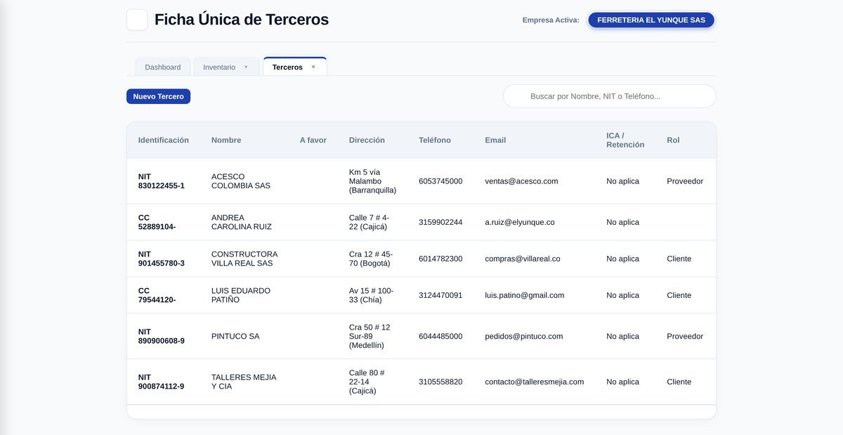 La ficha de terceros con clientes y proveedores reales de una ferretería.