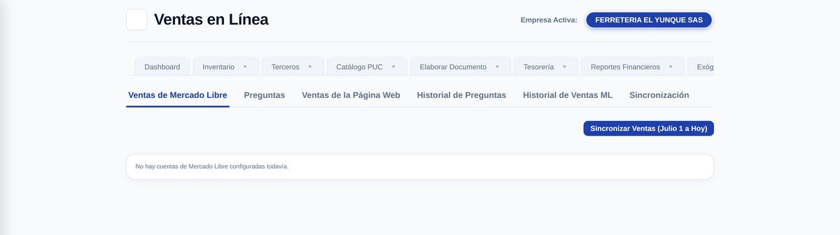 Pantalla de canales de venta de Contafir, con las publicaciones de Mercado Libre y la tienda web sincronizadas.